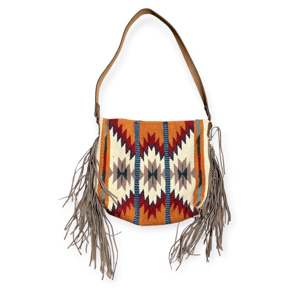 El Paso Saddleblanket Womens Crossbody Bag Southwestern Wool Fringe Orange OS